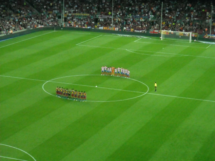 two teams are standing on the field in front of a crowd