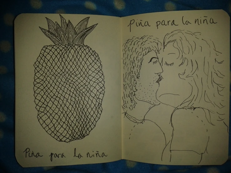an open book has drawings of a woman and a pineapple