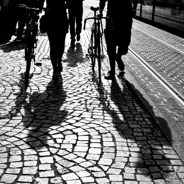 several people that are walking and pulling some bicycles