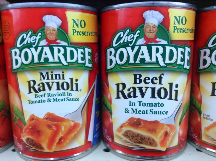 canned soups of beef ravioli in tomato and meat sauce