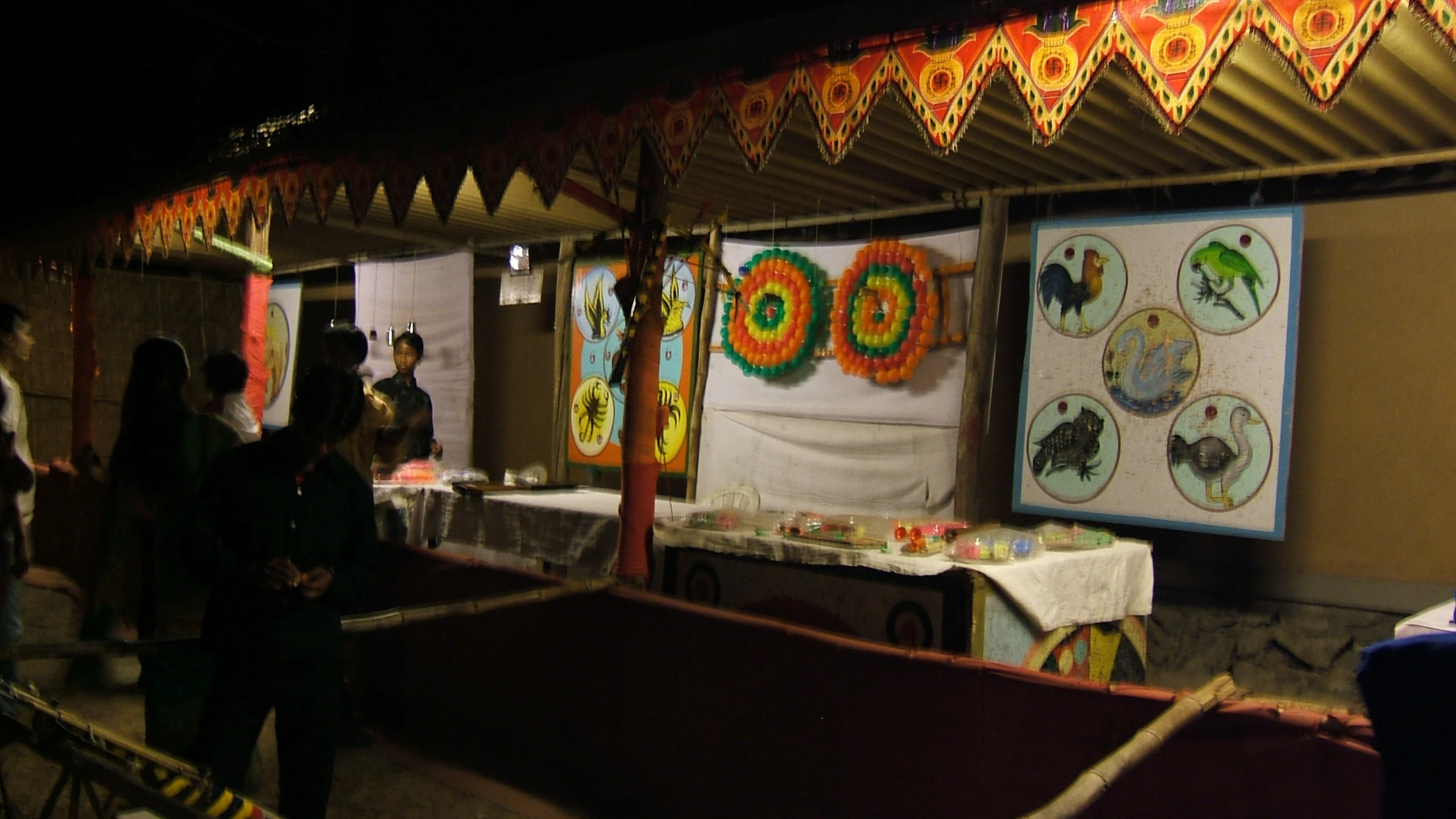 a view of a buffet area at night