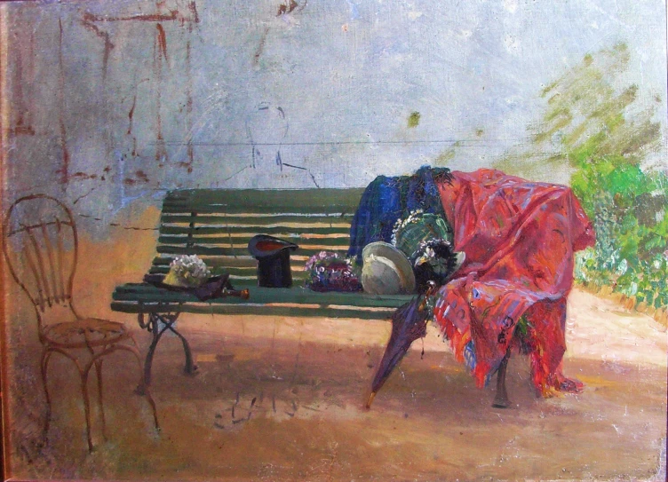 a painting of a bench and chair with red cloths dd over it