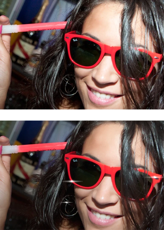 two pictures of a woman with dark hair wearing red sunglasses