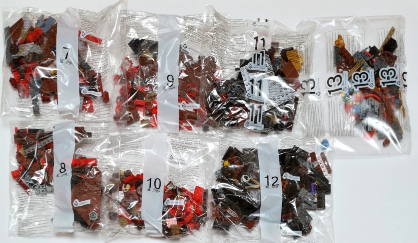 assorted lego chocolates in bags on white background