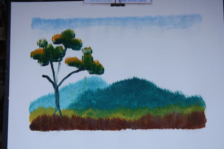 this is an artwork showing a tree with yellow and blue leaves