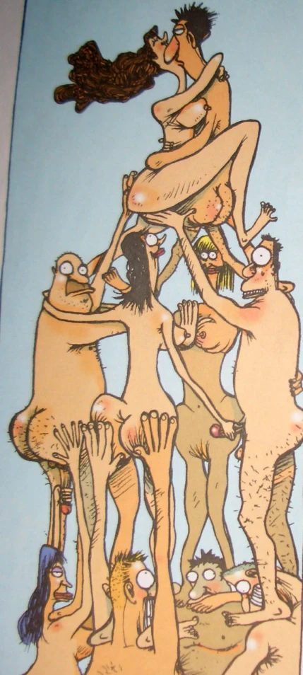 an illustrated drawing of men standing around each other