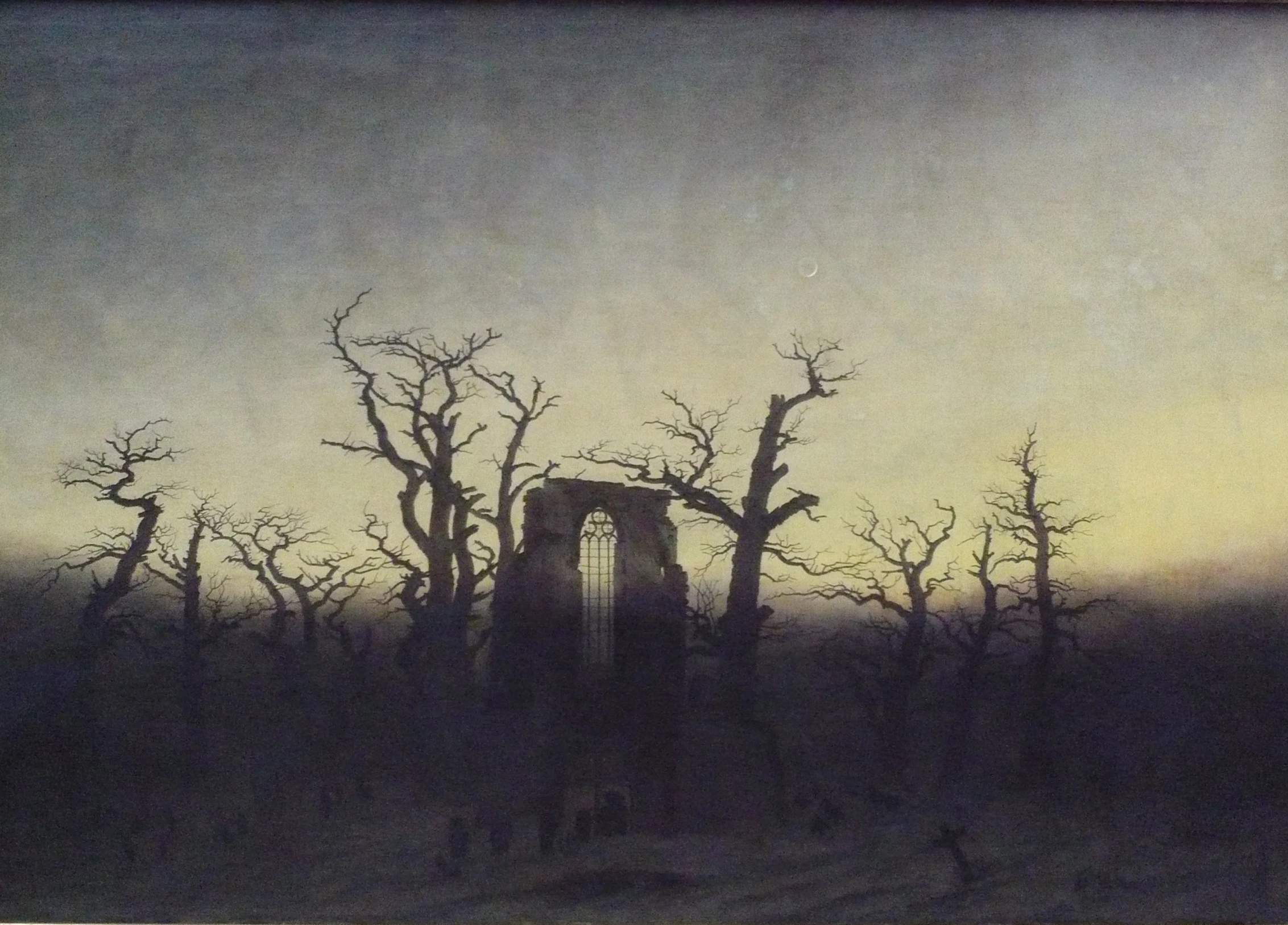 a painting of a building surrounded by trees