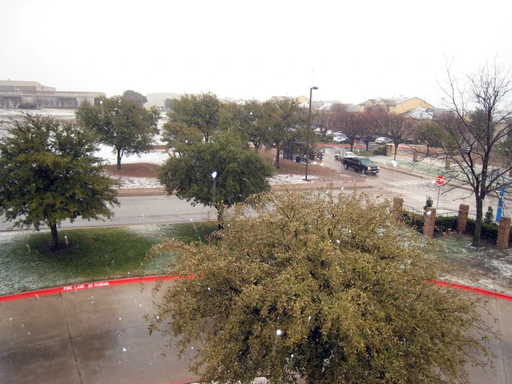 the view from a high up on a parking lot