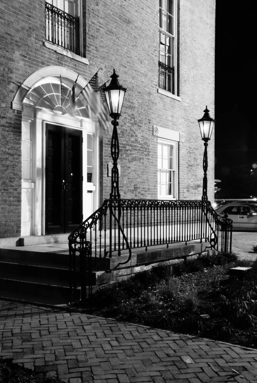 black and white image of a building in downtown