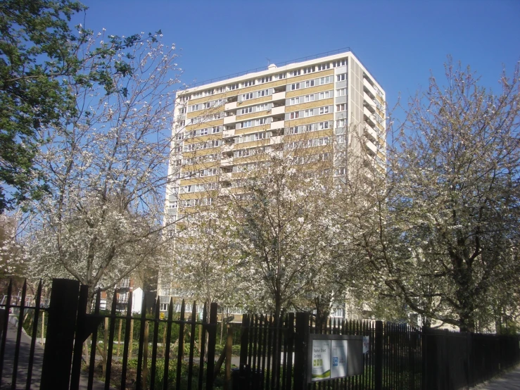 a tall building sitting in the middle of a park with lots of trees