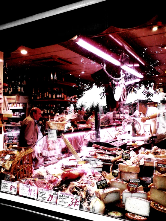 a large display of food in a store window