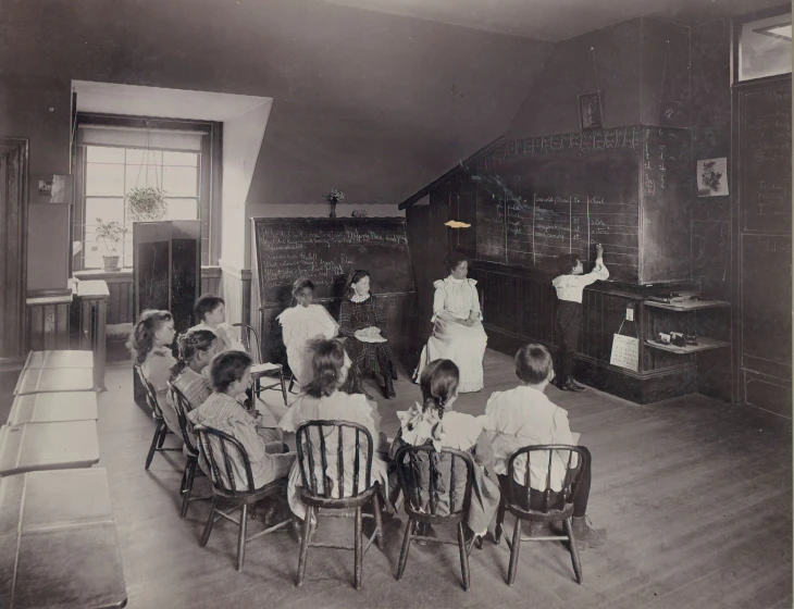 vintage school children sitting at desks in the classroom
