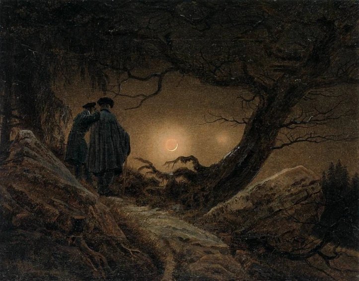 the painting is of two people in a wooded area at night