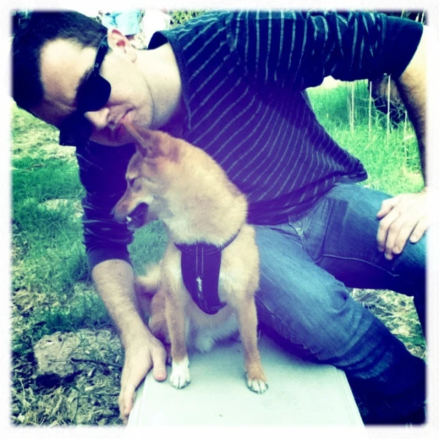 man sitting on cement bench holding small dog