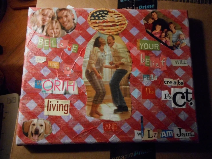 a large canvas with some pictures, words, and people on it