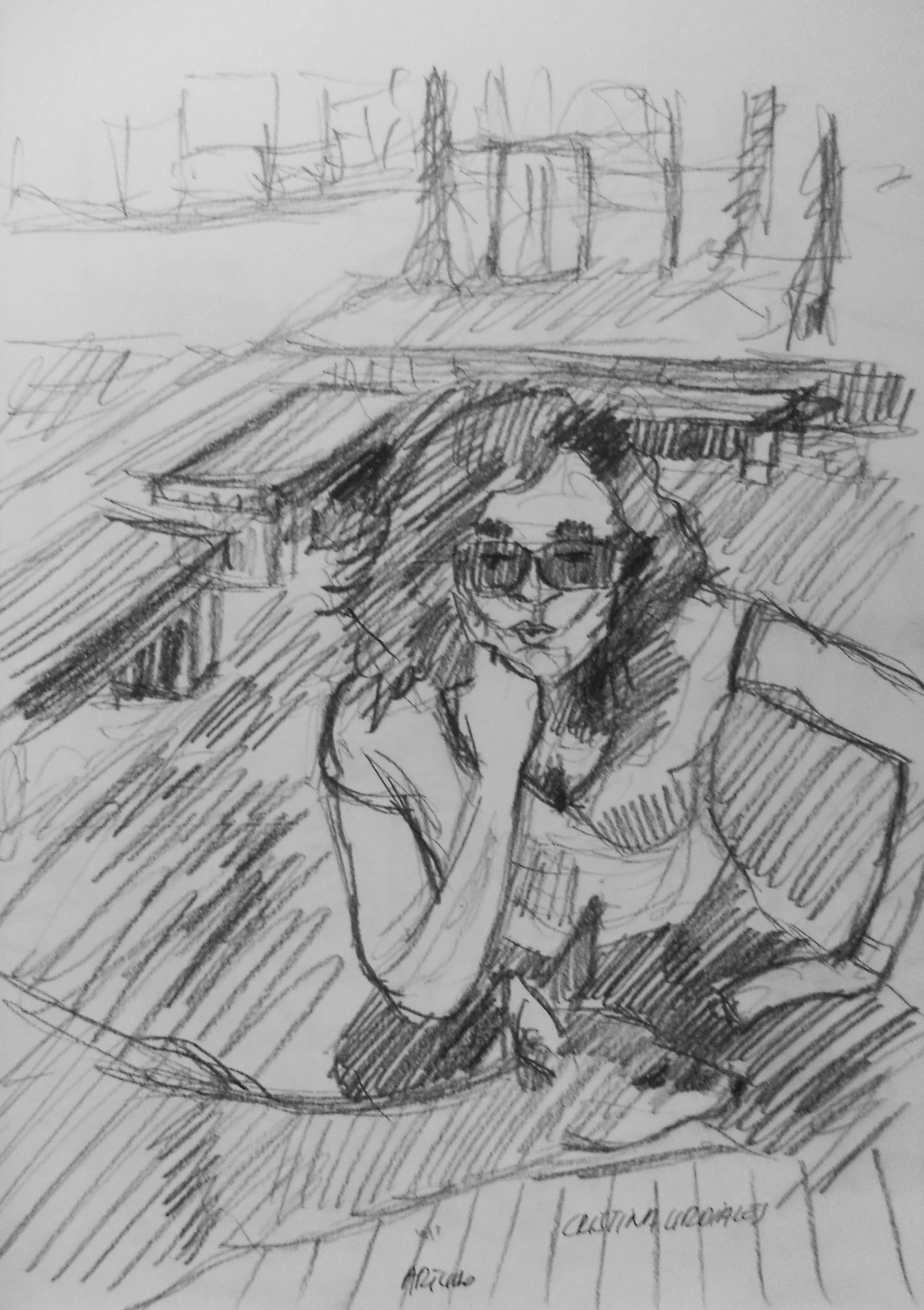 a drawing of a person sitting on the floor in a car