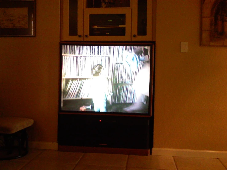 a tv set with a cat on the screen