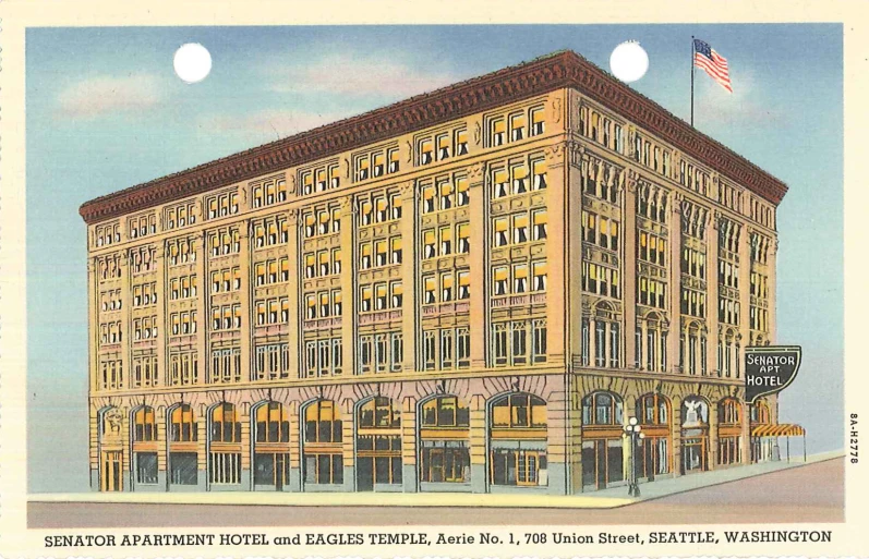 a rendering of a three story building with flags at top and two flags on the side