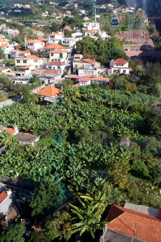 an aerial view of an urban city, with a train