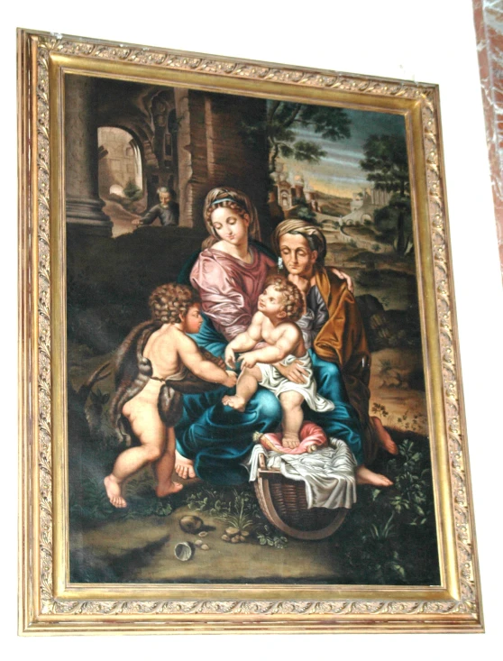the painting shows an elderly man and two small children with a baby in a basket