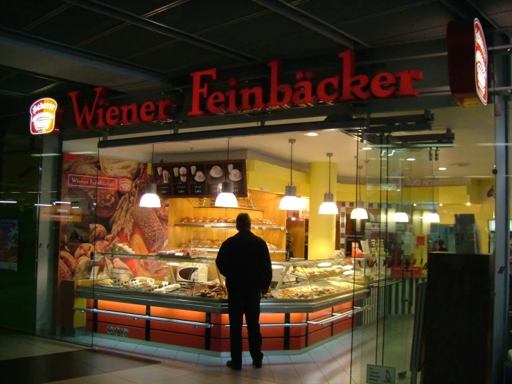 a man stands in front of a restaurant