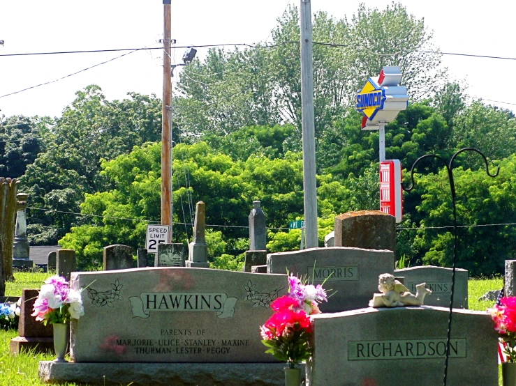many headstones are set up at the top of this hill