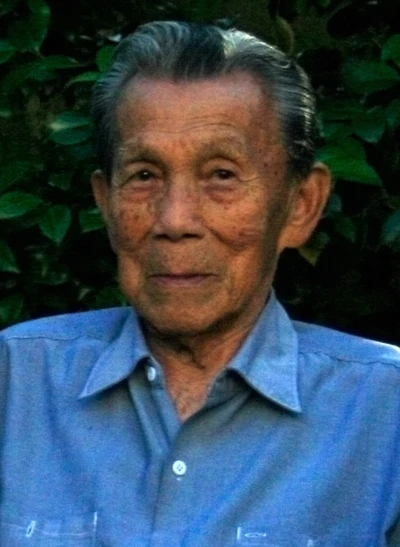 an elderly man wearing a blue shirt looking ahead