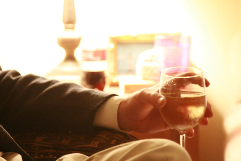 a man holding a glass of wine on a couch