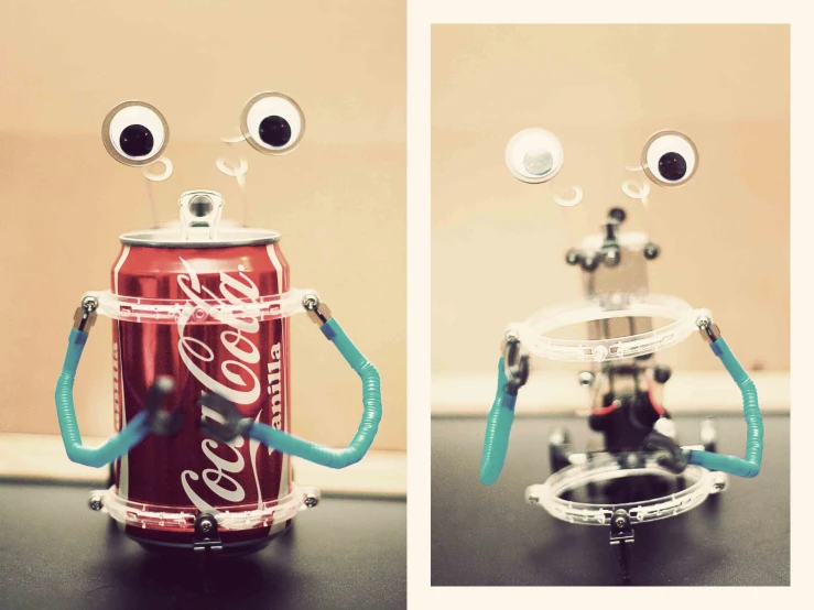 two pos of a soda can robot made of paper mache