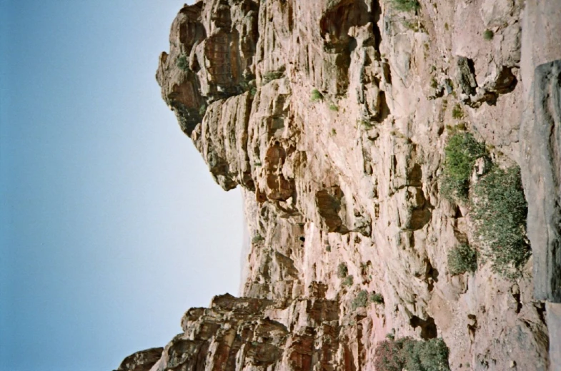 a tall rock face with some small trees growing on top