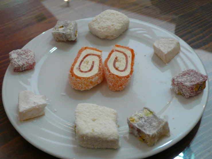 a plate of assorted foods sitting on top of a table