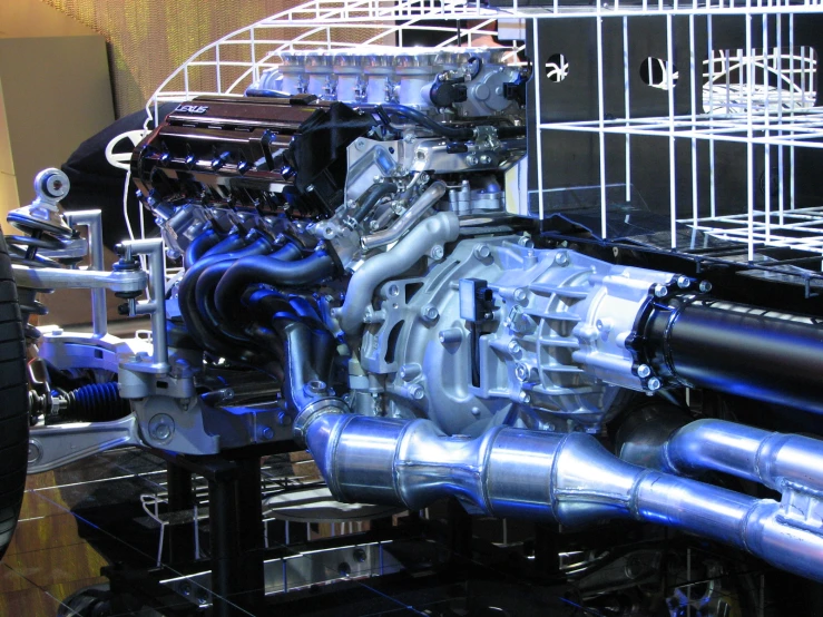 the new engine of a race car on display