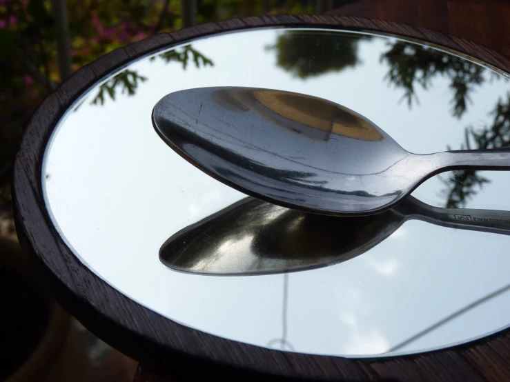 a spoon sits on top of a mirror reflecting a reflection of trees