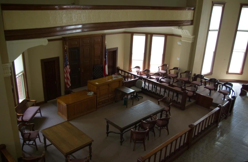 the courtroom at the state building is empty