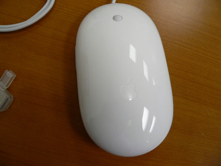 an apple mouse on a desk with a plug