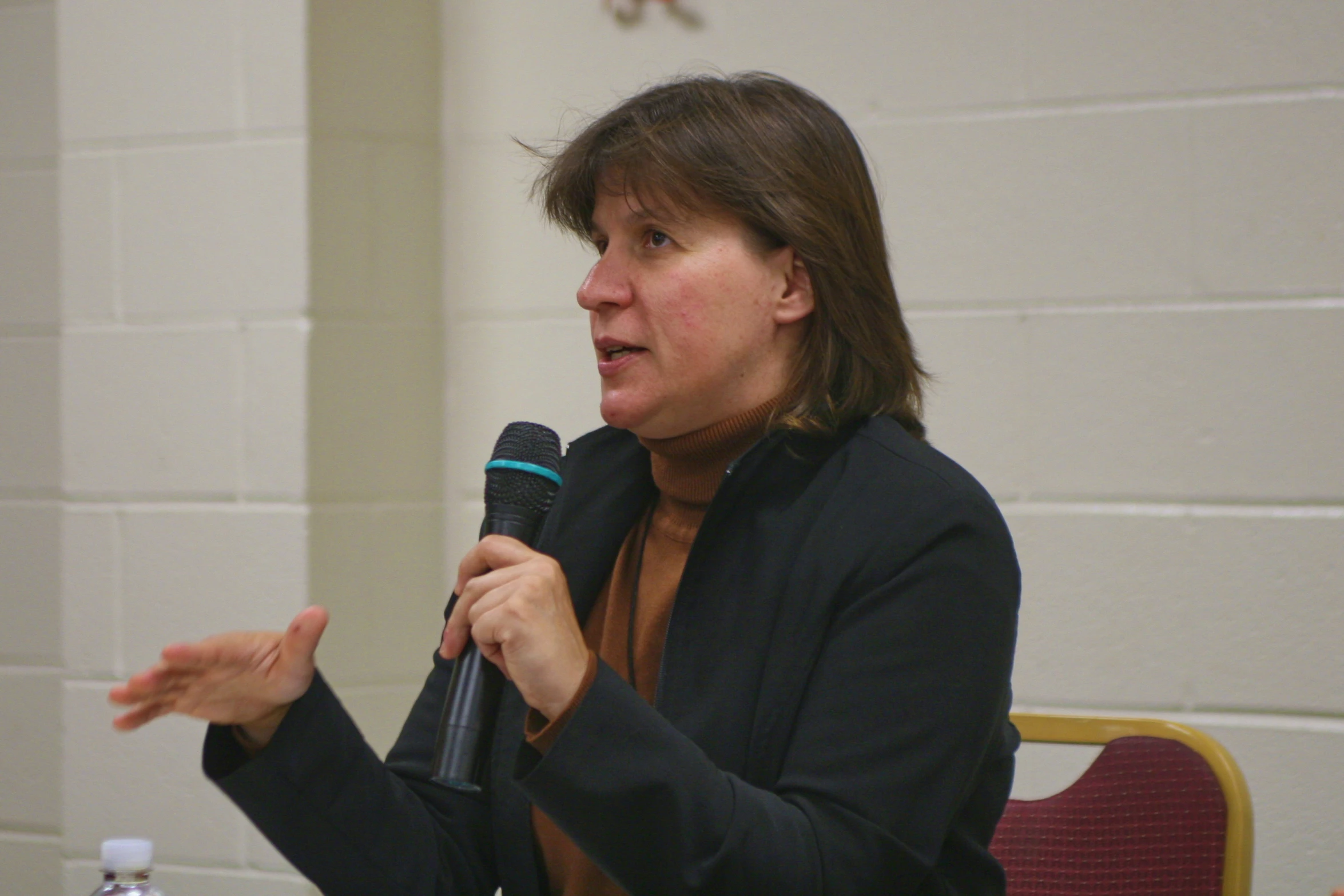 a woman talking into a microphone in a room