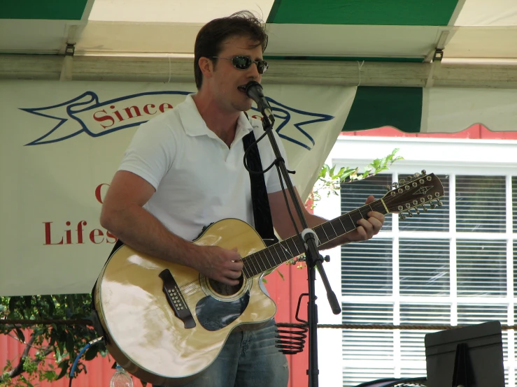 a man in a white shirt and sunglasses plays guitar