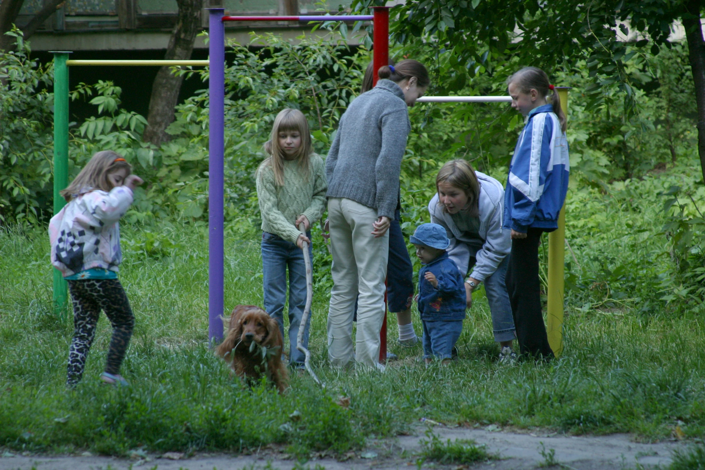 a woman with children and a dog near the park