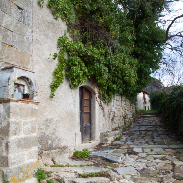 a stone walkway is between two buildings