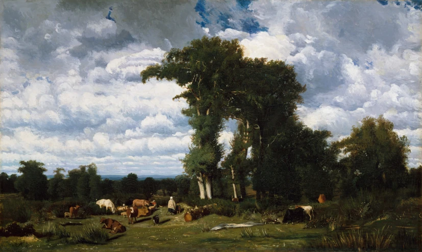 a painting with animals grazing and people in the distance