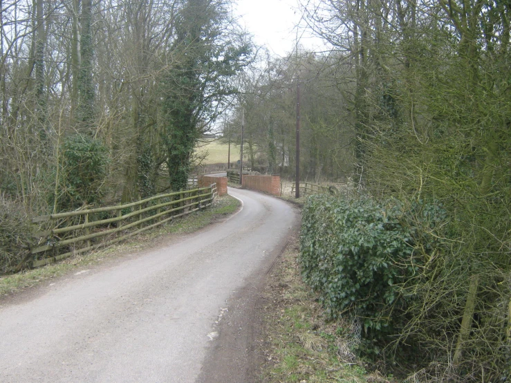 a dirt road next to a lush green forest