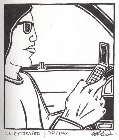 the cartoon has a hand holding a cell phone while driving