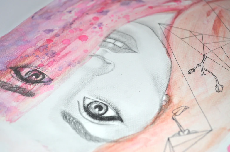 an artistic drawing shows a woman's face with pink hair
