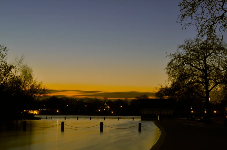 a large body of water with trees on both sides