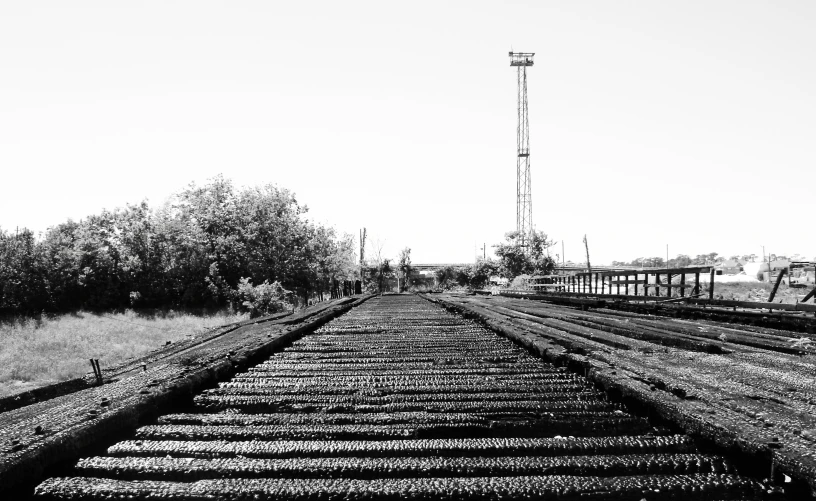 a black and white po of a railroad track