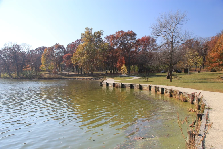 the trees are changing colors by the lake