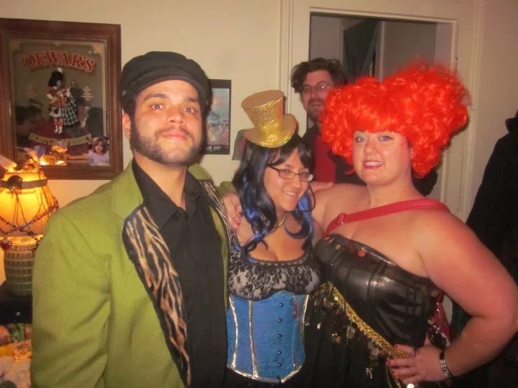 a group of friends in costumes are standing