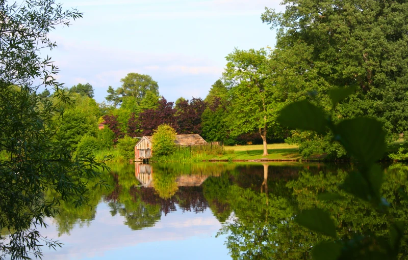 a house sitting in the middle of a lake surrounded by trees