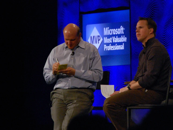 two men sitting on a chair looking at soing