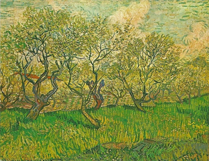 the painting shows three trees and two birds